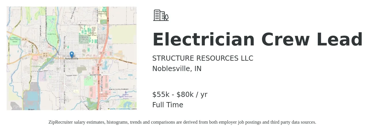STRUCTURE RESOURCES LLC job posting for a Electrician Crew Lead in Noblesville, IN with a salary of $55,000 to $80,000 Yearly with a map of Noblesville location.