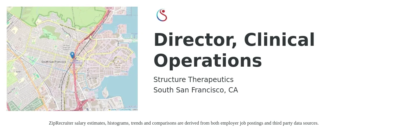 Structure Therapeutics job posting for a Director, Clinical Operations in South San Francisco, CA with a salary of $122,500 to $208,300 Yearly with a map of South San Francisco location.