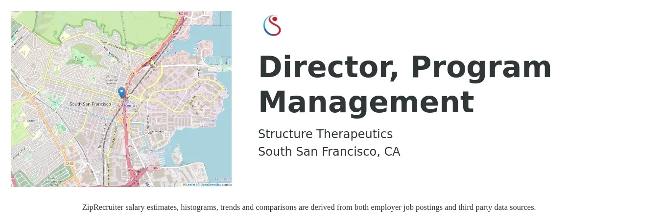 Structure Therapeutics job posting for a Director, Program Management in South San Francisco, CA with a salary of $102,100 to $139,900 Yearly with a map of South San Francisco location.