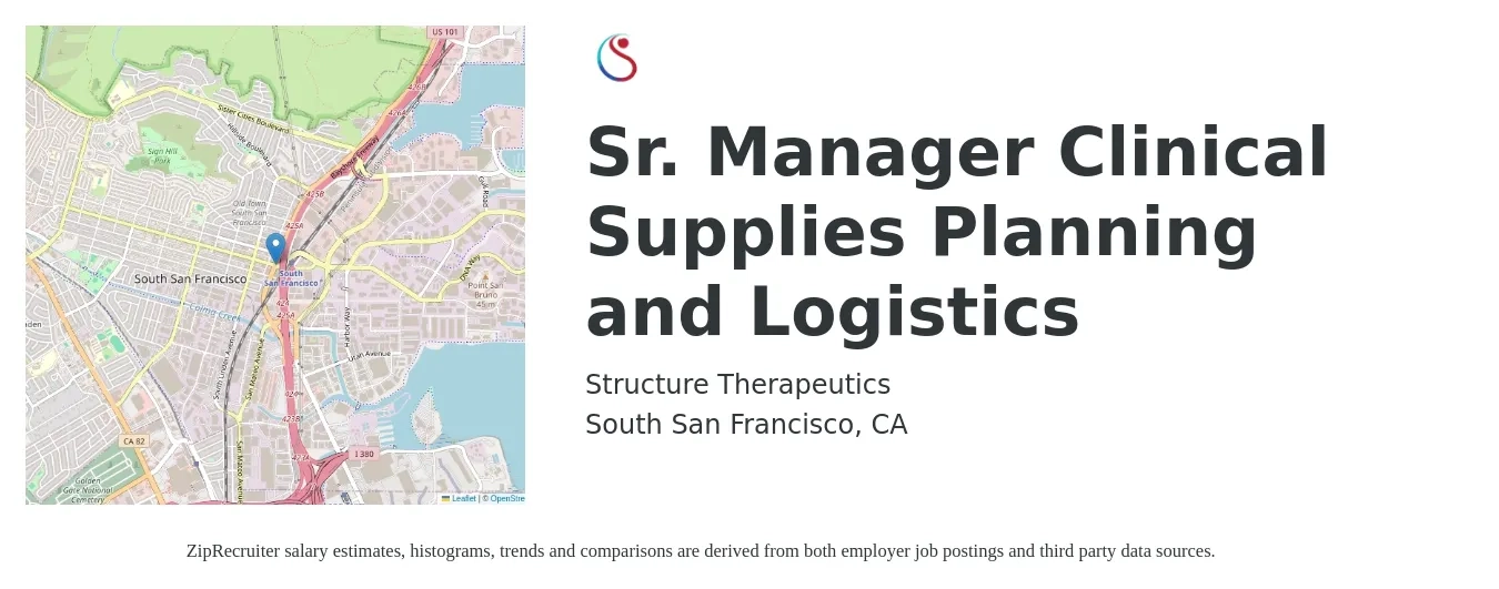 Structure Therapeutics job posting for a Sr. Manager Clinical Supplies Planning and Logistics in South San Francisco, CA with a salary of $88,200 to $159,100 Yearly with a map of South San Francisco location.
