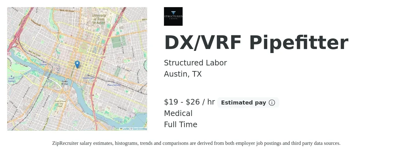 Structured Labor job posting for a DX/VRF Pipefitter in Austin, TX with a salary of $20 to $28 Hourly and benefits including life_insurance, and medical with a map of Austin location.