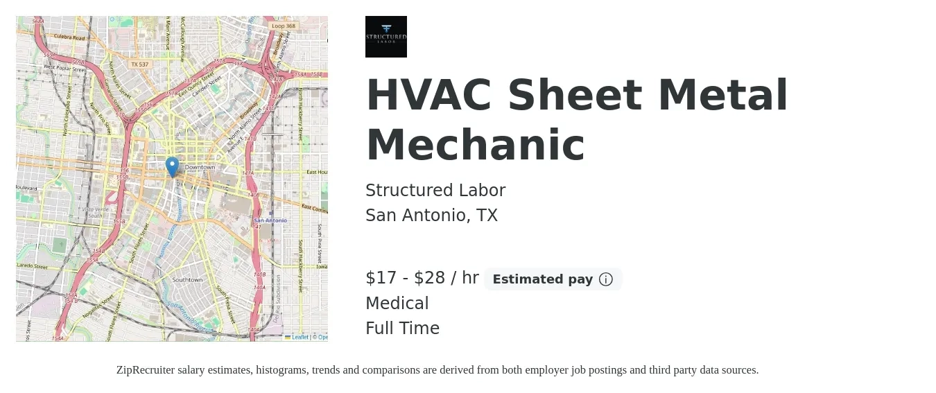 Structured Labor job posting for a HVAC Sheet Metal Mechanic in San Antonio, TX with a salary of $18 to $30 Hourly and benefits including life_insurance, and medical with a map of San Antonio location.