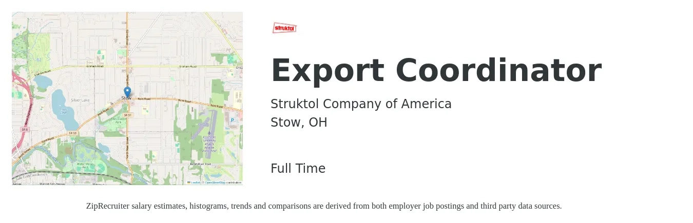 Struktol Company of America job posting for a Export Coordinator in Stow, OH with a salary of $20 to $27 Hourly with a map of Stow location.