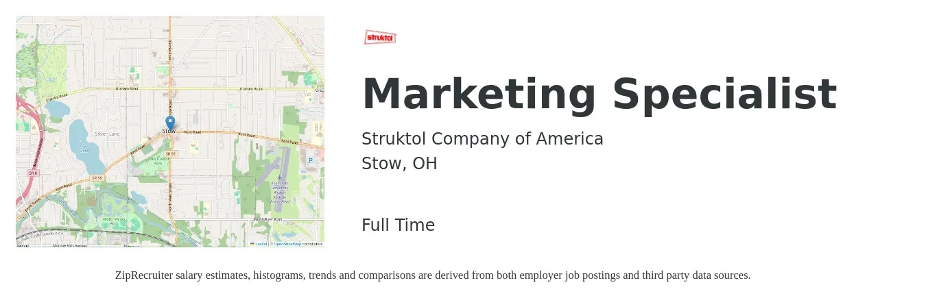 Struktol Company of America job posting for a Marketing Specialist in Stow, OH with a salary of $43,400 to $64,000 Yearly with a map of Stow location.
