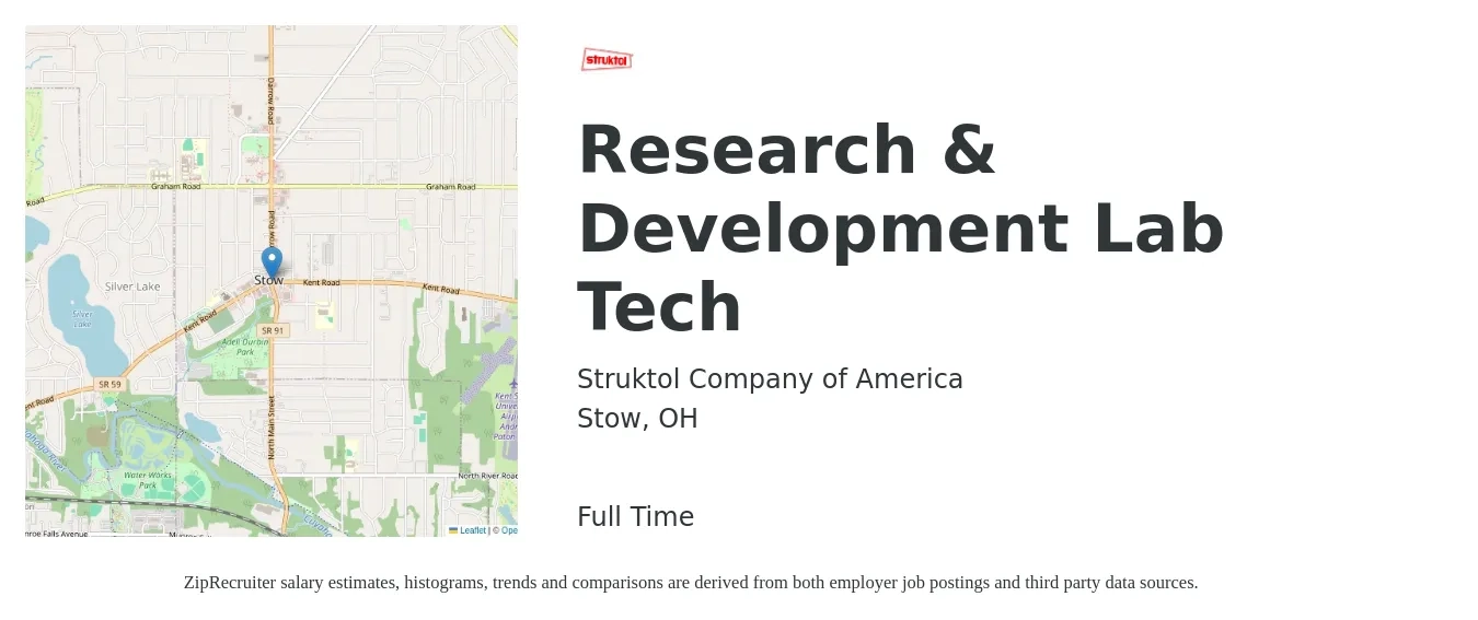 Struktol Company of America job posting for a Research & Development Lab Tech in Stow, OH with a salary of $15 to $26 Hourly with a map of Stow location.