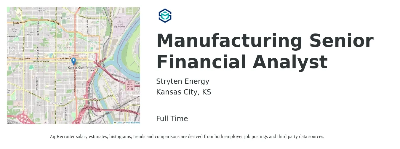 Stryten Energy job posting for a Manufacturing Senior Financial Analyst in Kansas City, KS with a salary of $82,300 to $102,500 Yearly with a map of Kansas City location.