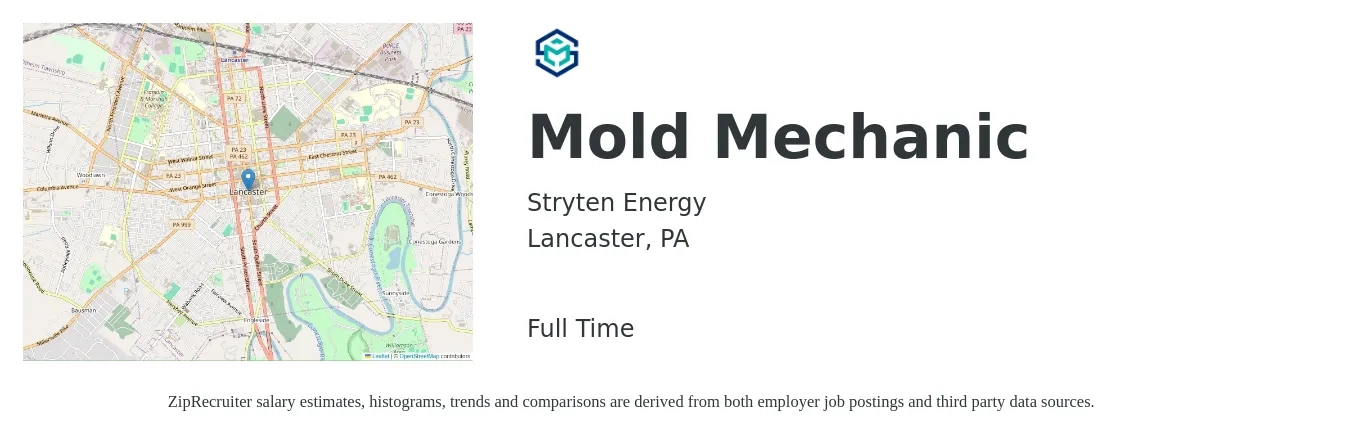 Stryten Energy job posting for a Mold Mechanic in Lancaster, PA with a salary of $18 to $21 Hourly with a map of Lancaster location.