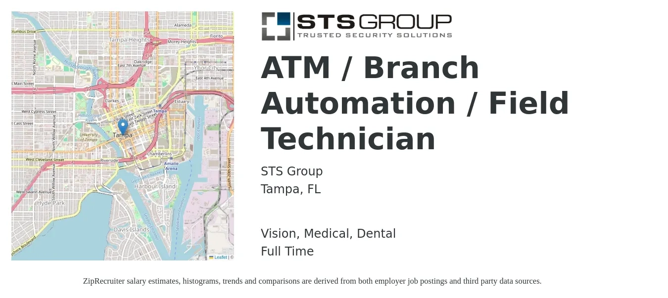 STS Group job posting for a ATM / Branch Automation / Field Technician in Tampa, FL with a salary of $20 to $29 Hourly and benefits including dental, life_insurance, medical, retirement, and vision with a map of Tampa location.