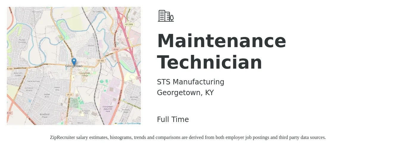 STS Manufacturing job posting for a Maintenance Technician in Georgetown, KY with a salary of $22 to $28 Hourly with a map of Georgetown location.