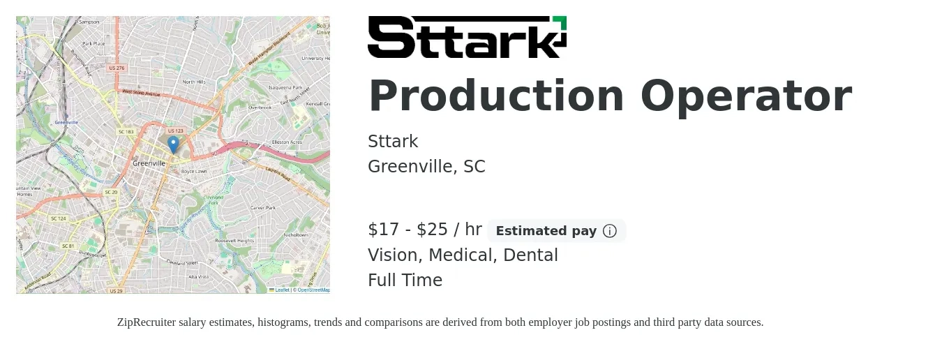 Sttark job posting for a Production Operator in Greenville, SC with a salary of $18 to $26 Hourly and benefits including dental, life_insurance, medical, pto, retirement, and vision with a map of Greenville location.
