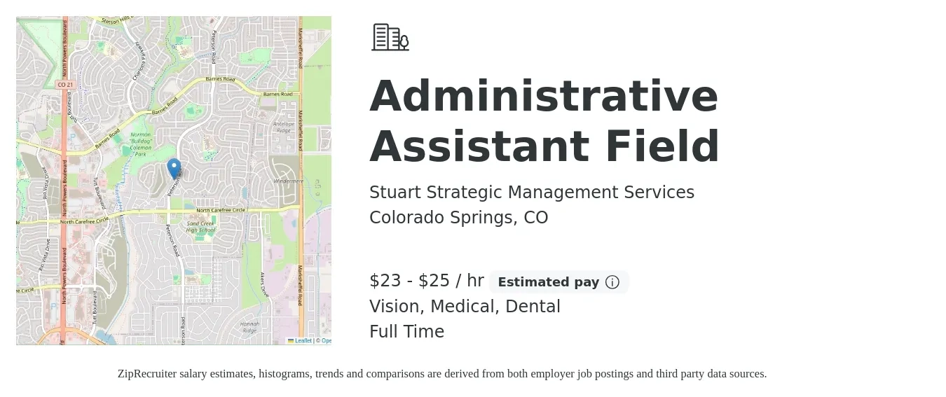 Stuart Strategic Management Services job posting for a Administrative Assistant Field in Colorado Springs, CO with a salary of $24 to $26 Hourly and benefits including retirement, vision, dental, life_insurance, and medical with a map of Colorado Springs location.