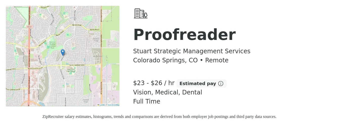 Stuart Strategic Management Services job posting for a Proofreader in Colorado Springs, CO with a salary of $24 to $28 Hourly and benefits including dental, life_insurance, medical, retirement, and vision with a map of Colorado Springs location.