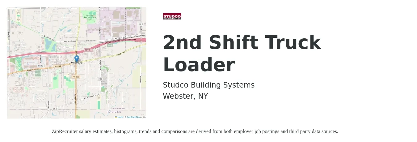 Studco Building Systems job posting for a 2nd Shift Truck Loader in Webster, NY with a salary of $20 Hourly with a map of Webster location.