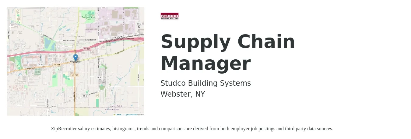Studco Building Systems job posting for a Supply Chain Manager in Webster, NY with a salary of $100,000 to $125,000 Yearly with a map of Webster location.