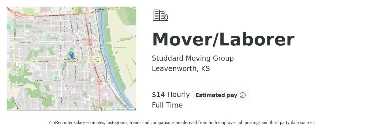 Studdard Moving Group job posting for a Mover/Laborer in Leavenworth, KS with a salary of $15 Hourly with a map of Leavenworth location.