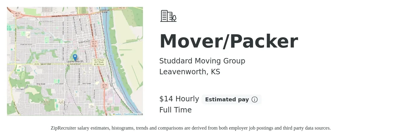 Studdard Moving Group job posting for a Mover/Packer in Leavenworth, KS with a salary of $15 Hourly with a map of Leavenworth location.