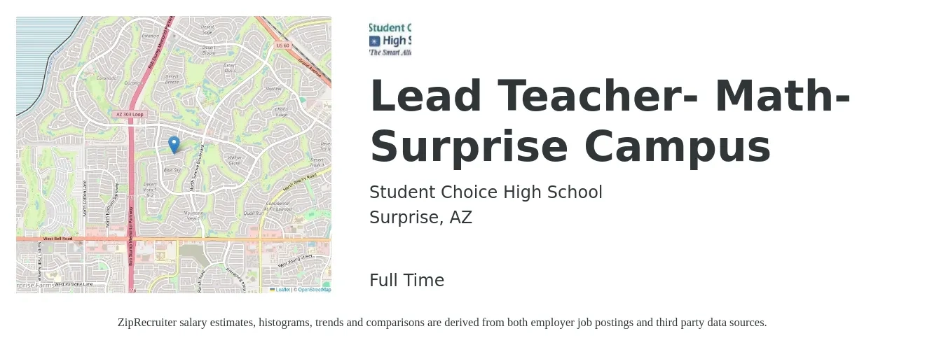 Student Choice High School job posting for a Lead Teacher- Math- Surprise Campus in Surprise, AZ with a salary of $55,000 to $65,000 Yearly with a map of Surprise location.