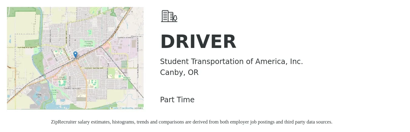 Student Transportation of America, Inc. job posting for a DRIVER in Canby, OR with a salary of $18 to $26 Hourly with a map of Canby location.