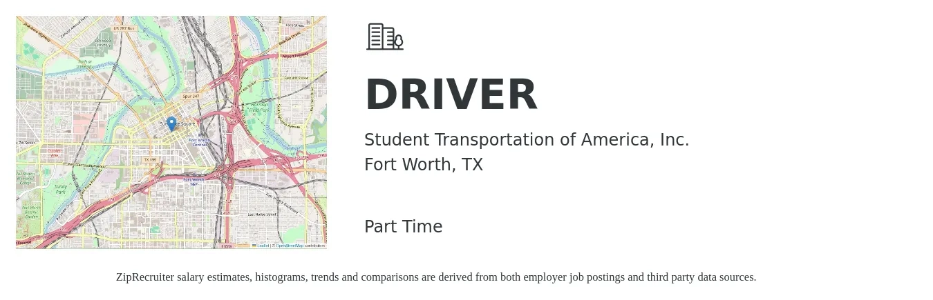 Student Transportation of America, Inc. job posting for a DRIVER in Fort Worth, TX with a salary of $17 to $24 Hourly with a map of Fort Worth location.