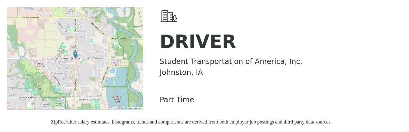 Student Transportation of America, Inc. job posting for a DRIVER in Johnston, IA with a salary of $16 to $24 Hourly with a map of Johnston location.
