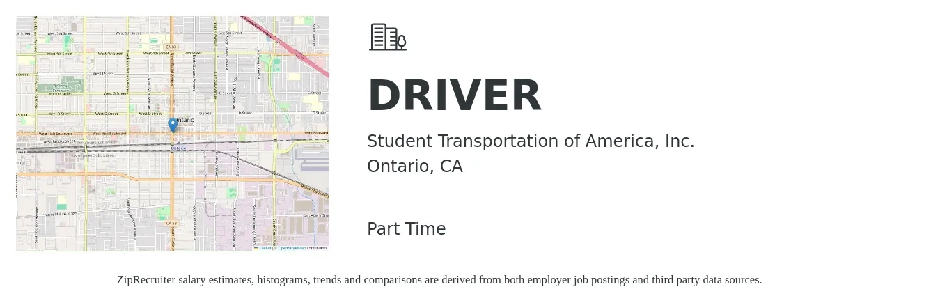 Student Transportation of America, Inc. job posting for a DRIVER in Ontario, CA with a salary of $18 to $26 Hourly with a map of Ontario location.