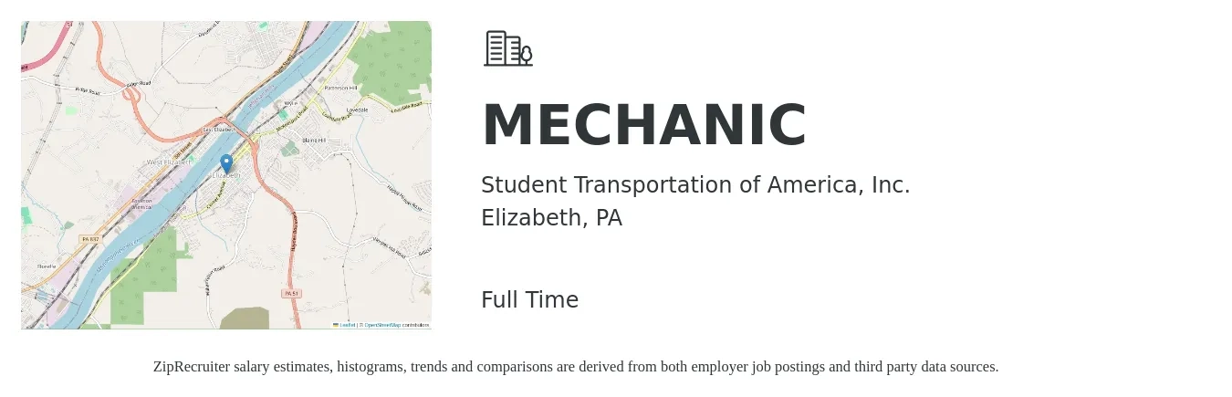 Student Transportation of America, Inc. job posting for a MECHANIC in Elizabeth, PA with a salary of $20 to $28 Hourly with a map of Elizabeth location.