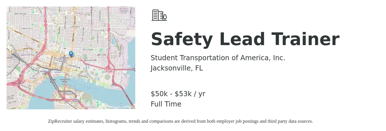 Student Transportation of America, Inc. job posting for a Safety Lead Trainer in Jacksonville, FL with a salary of $50,000 to $53,000 Yearly with a map of Jacksonville location.