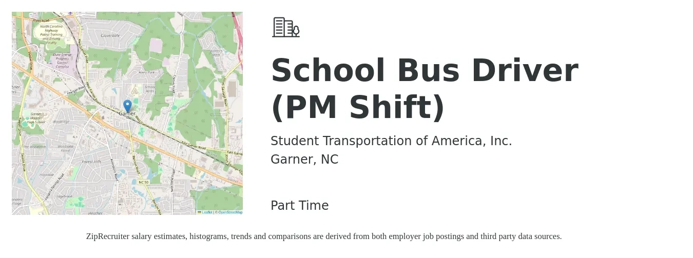 Student Transportation of America, Inc. job posting for a School Bus Driver (PM Shift) in Garner, NC with a salary of $16 to $22 Hourly with a map of Garner location.