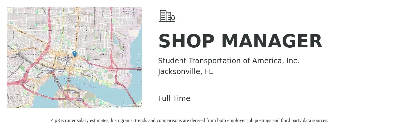 Student Transportation of America, Inc. job posting for a SHOP MANAGER in Jacksonville, FL with a salary of $46,300 to $74,000 Yearly with a map of Jacksonville location.
