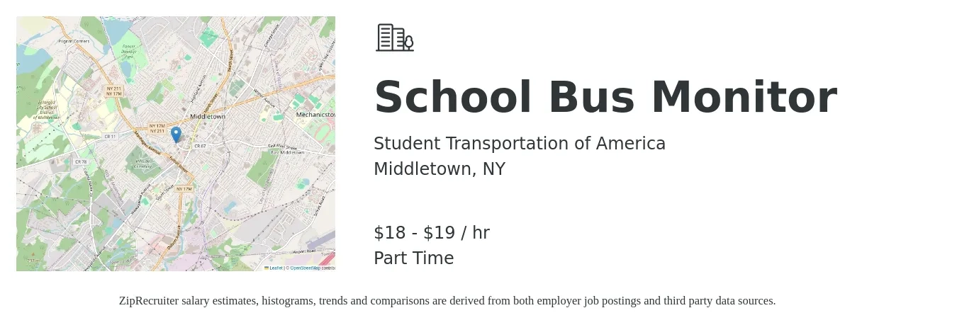 Student Transportation of America, Inc. job posting for a School Bus Monitor in Middletown, NY with a salary of $19 to $20 Hourly with a map of Middletown location.