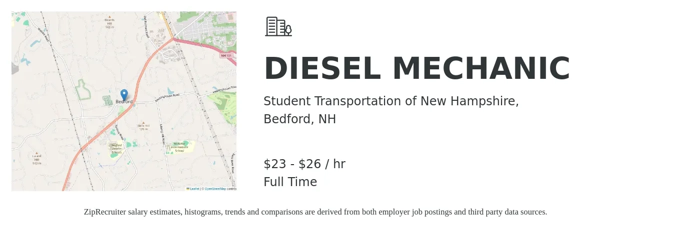 Student Transportation of New Hampshire, job posting for a DIESEL MECHANIC in Bedford, NH with a salary of $24 to $32 Hourly with a map of Bedford location.