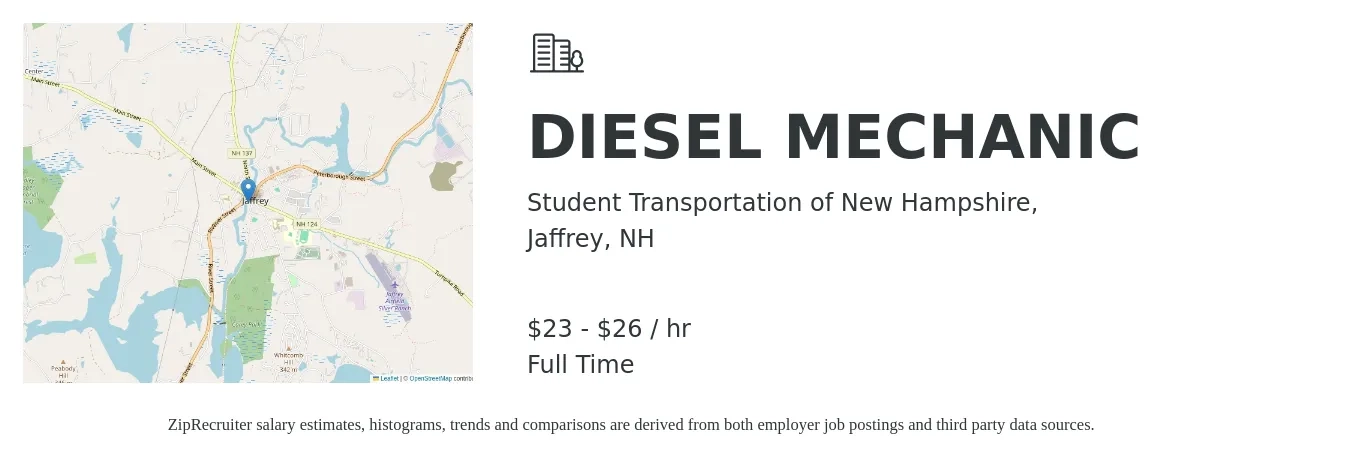 Student Transportation of New Hampshire, job posting for a DIESEL MECHANIC in Jaffrey, NH with a salary of $24 to $32 Hourly with a map of Jaffrey location.