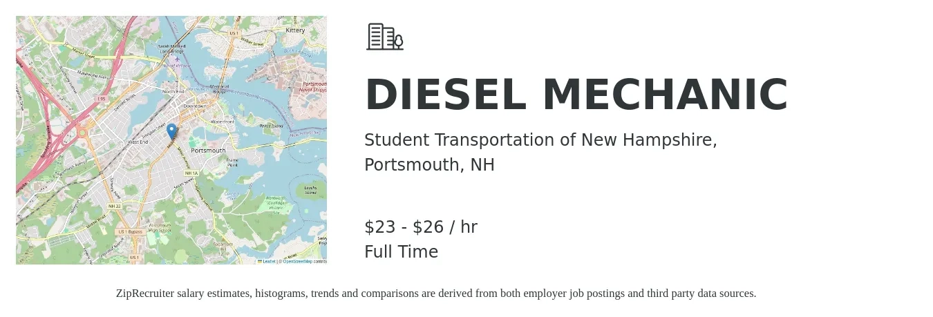 Student Transportation of New Hampshire, job posting for a DIESEL MECHANIC in Portsmouth, NH with a salary of $24 to $32 Hourly with a map of Portsmouth location.