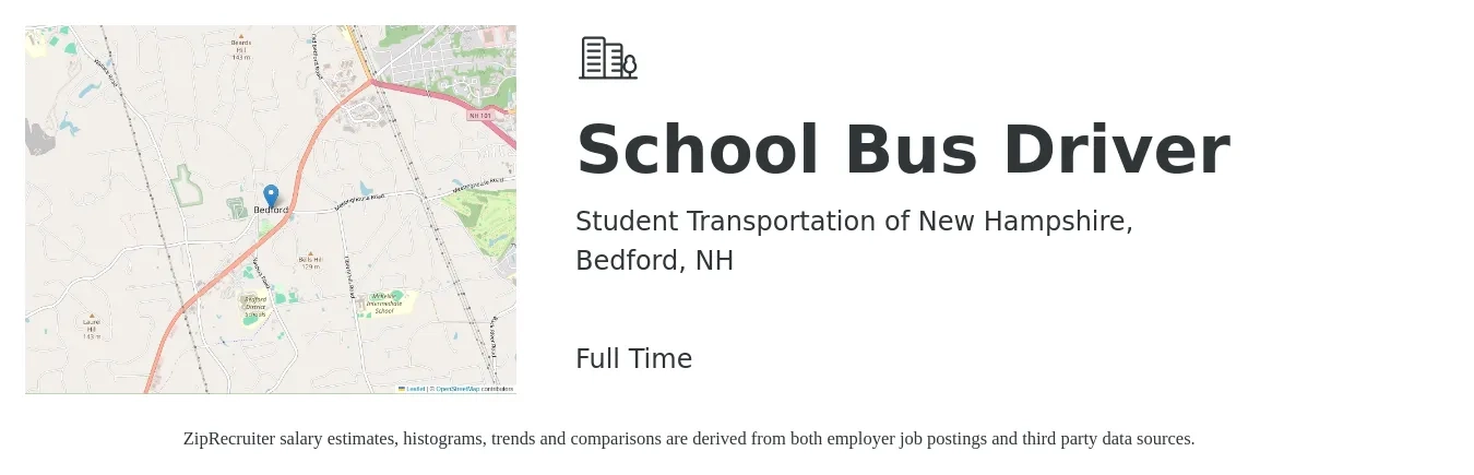Student Transportation of New Hampshire, job posting for a School Bus Driver in Bedford, NH with a salary of $100 Daily with a map of Bedford location.