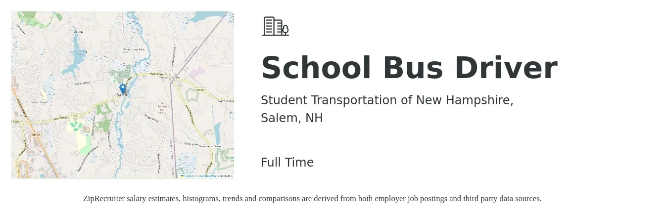 Student Transportation of New Hampshire, job posting for a School Bus Driver in Salem, NH with a salary of $18 to $25 Hourly with a map of Salem location.