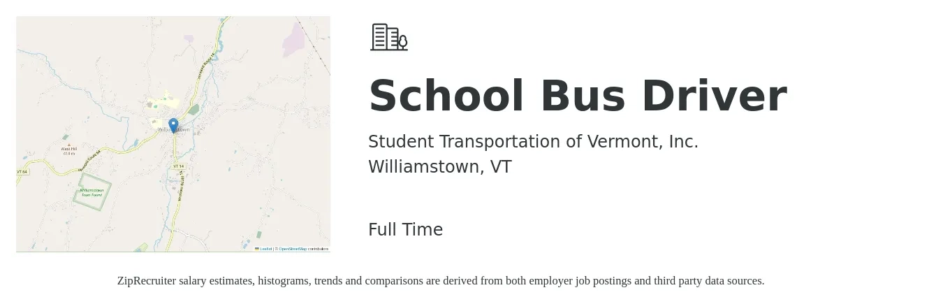 Student Transportation of Vermont, Inc. job posting for a School Bus Driver in Williamstown, VT with a salary of $18 to $26 Hourly with a map of Williamstown location.
