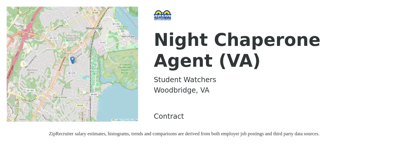 Student Watchers job posting for a Night Chaperone Agent (VA) in Woodbridge, VA with a salary of $19 Hourly with a map of Woodbridge location.