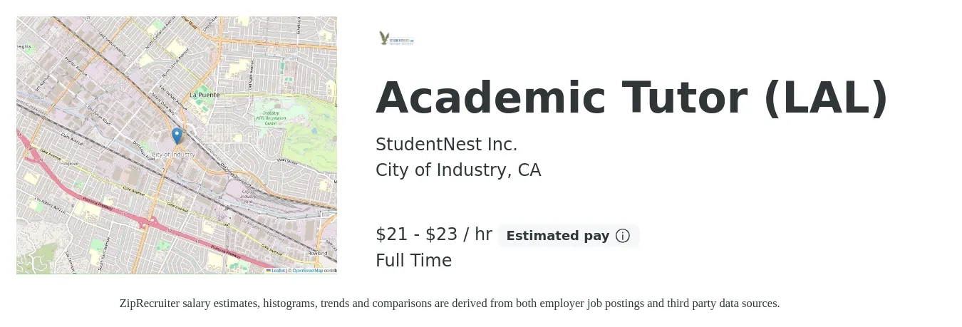 StudentNest Inc. job posting for a Academic Tutor (LAL) in City of Industry, CA with a salary of $22 to $24 Hourly with a map of City of Industry location.