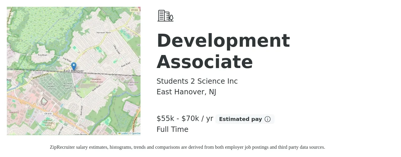 Students 2 Science Inc job posting for a Development Associate in East Hanover, NJ with a salary of $55,000 to $70,000 Yearly with a map of East Hanover location.