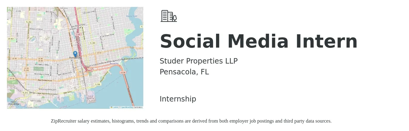 Studer Properties LLP job posting for a Social Media Intern in Pensacola, FL with a salary of $14 to $18 Hourly with a map of Pensacola location.