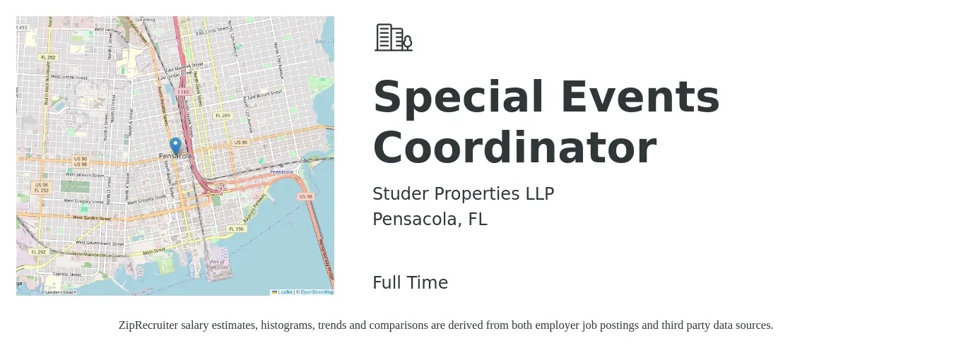 Studer Properties LLP job posting for a Special Events Coordinator in Pensacola, FL with a salary of $40,200 to $56,700 Yearly with a map of Pensacola location.