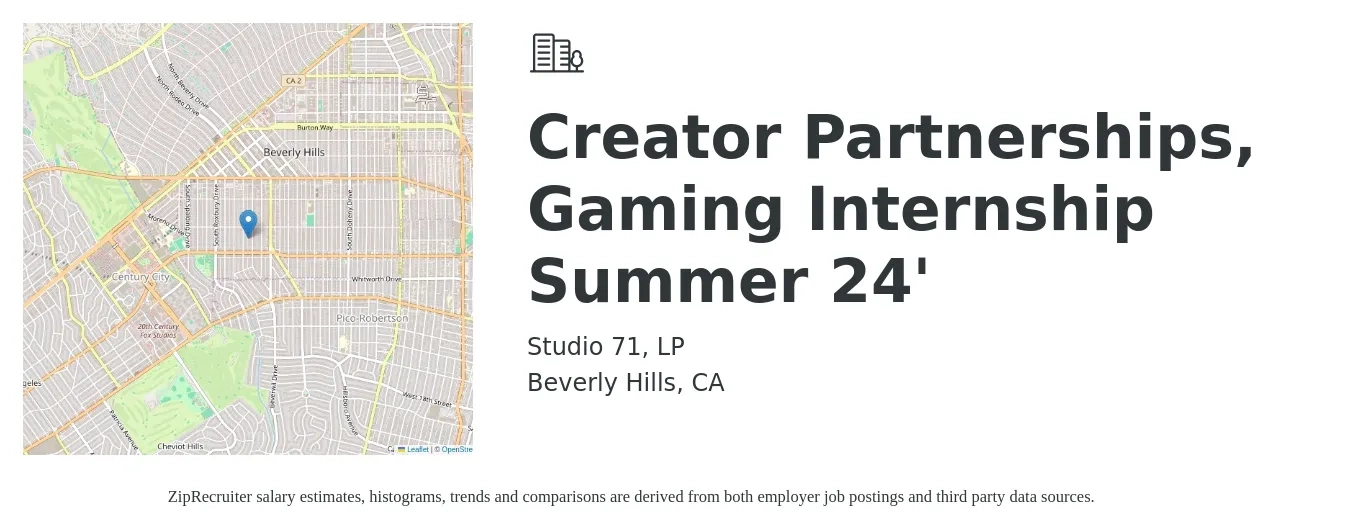 Studio 71, LP job posting for a Creator Partnerships, Gaming Internship Summer 24' in Beverly Hills, CA with a salary of $17 to $23 Hourly with a map of Beverly Hills location.