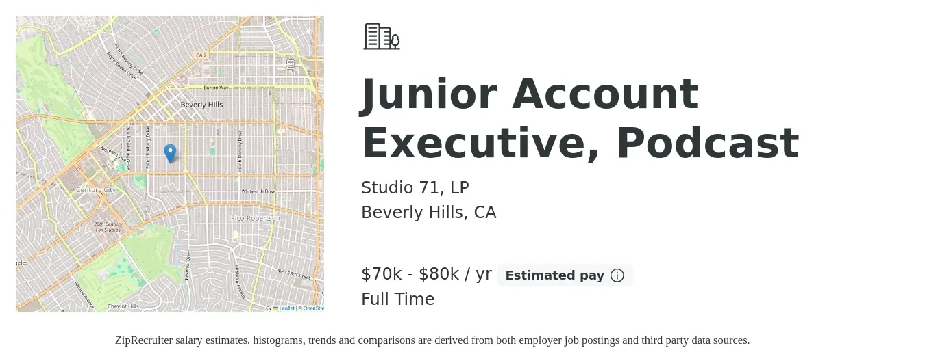 Studio 71, LP job posting for a Junior Account Executive, Podcast in Beverly Hills, CA with a salary of $70,000 to $80,000 Yearly with a map of Beverly Hills location.