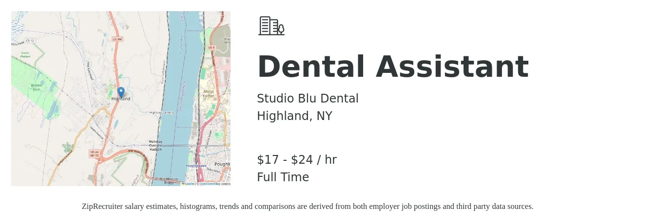 Studio Blu Dental job posting for a Dental Assistant in Highland, NY with a salary of $18 to $25 Hourly with a map of Highland location.