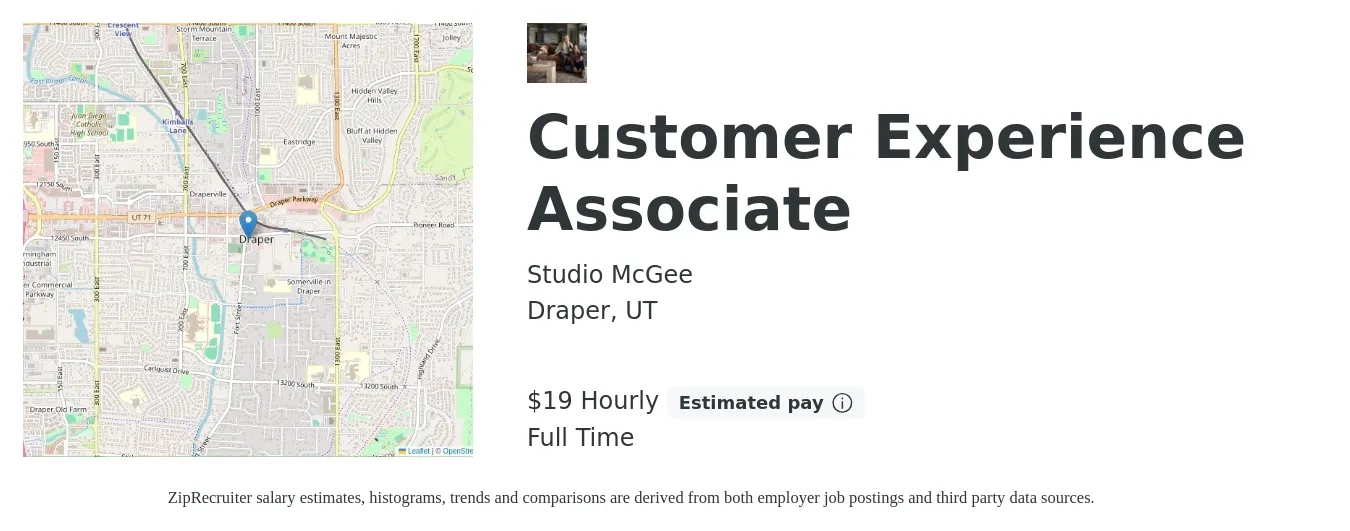 Studio McGee job posting for a Customer Experience Associate in Draper, UT with a salary of $20 Hourly with a map of Draper location.