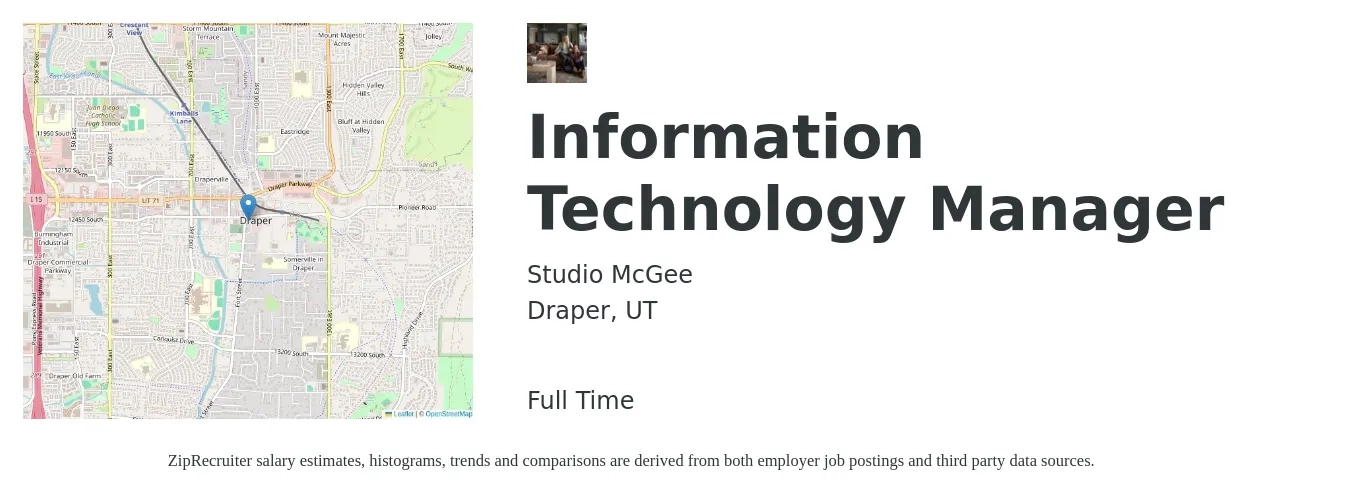 Studio McGee job posting for a Information Technology Manager in Draper, UT with a salary of $88,800 to $108,900 Yearly with a map of Draper location.