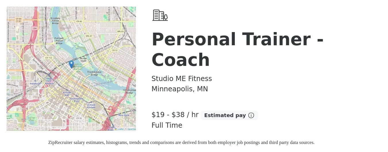 Studio ME Fitness job posting for a Personal Trainer - Coach in Minneapolis, MN with a salary of $20 to $40 Hourly with a map of Minneapolis location.
