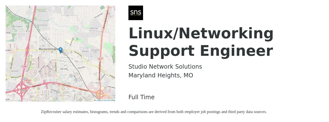 Studio Network Solutions job posting for a Linux/Networking Support Engineer in Maryland Heights, MO with a salary of $147,400 to $161,900 Yearly with a map of Maryland Heights location.