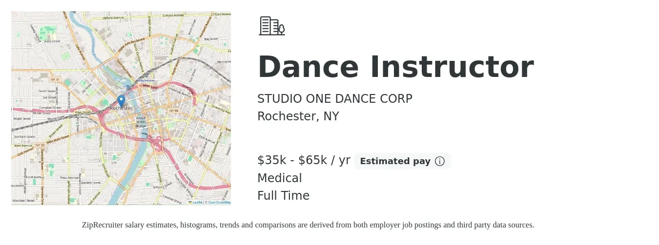 STUDIO ONE DANCE CORP job posting for a Dance Instructor in Rochester, NY with a salary of $35,000 to $65,000 Yearly and benefits including medical, pto, and retirement with a map of Rochester location.