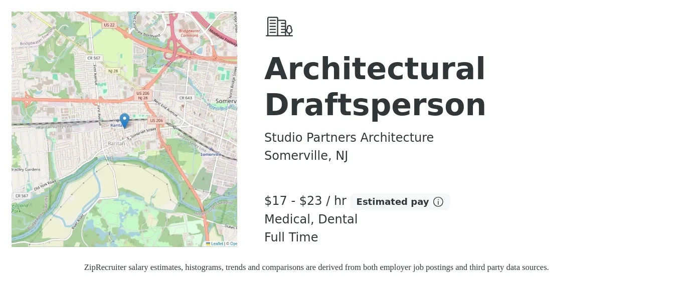 Studio Partners Architecture job posting for a Architectural Draftsperson in Somerville, NJ with a salary of $18 to $24 Hourly and benefits including retirement, dental, medical, and pto with a map of Somerville location.
